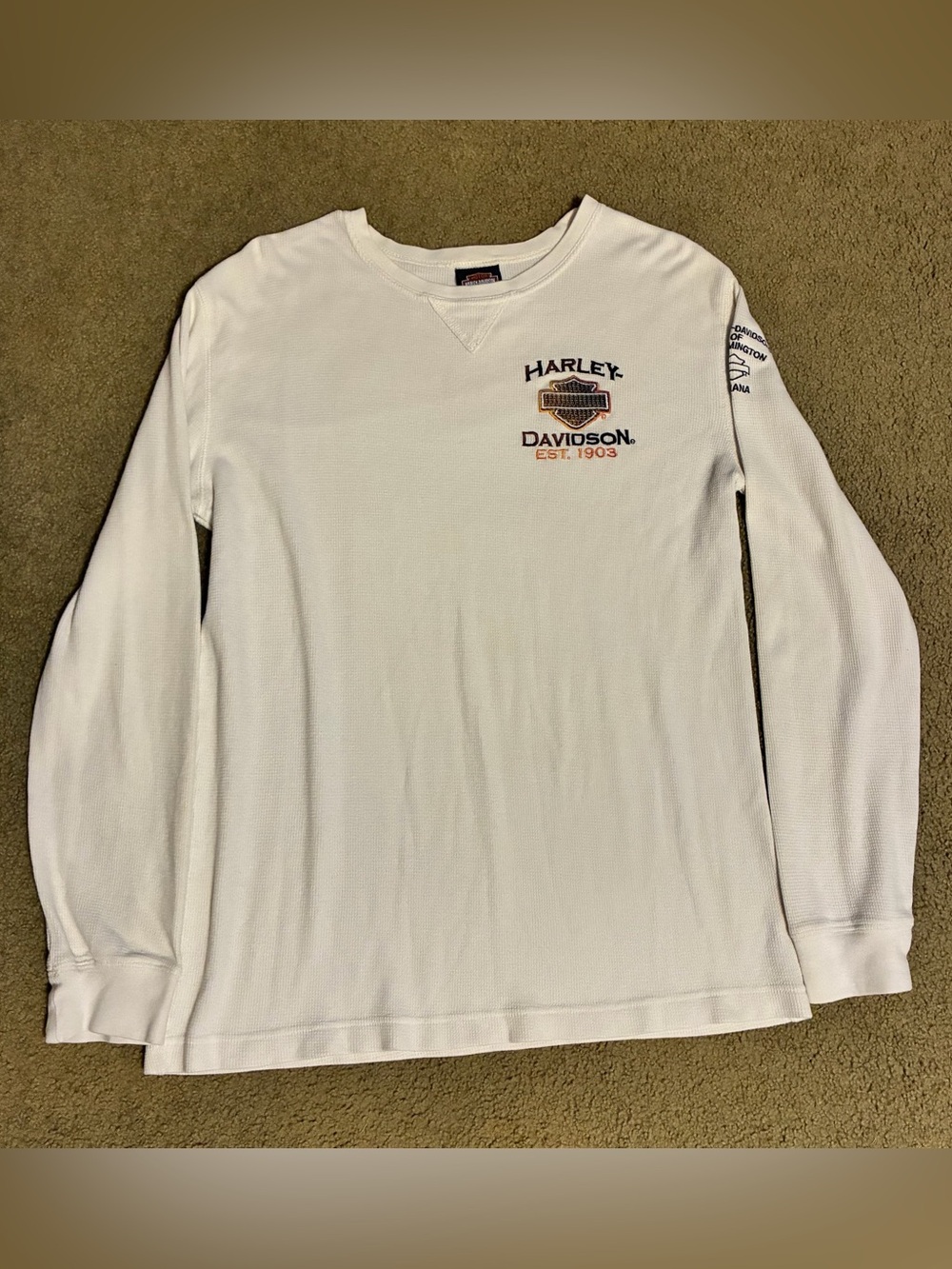 Harley-Davidson White Long Sleeve Thermal Shirt with Embroidered Biker Logo Lg